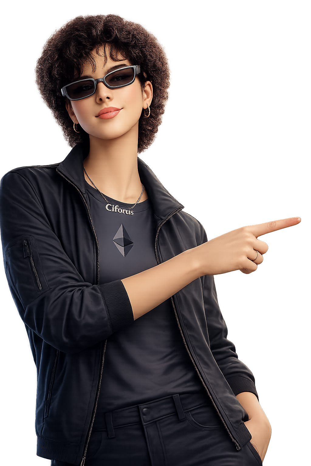 Crypto-native privacy character with gesture toward payment philosophy